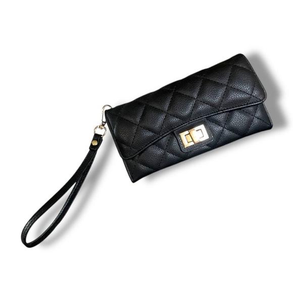 Handbags - Black Quilted Wristlet Wallet Clutch Gold Turn Lock Faux Leather Large Organizer